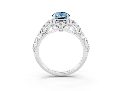 White gold Round Cut Aquamarine Solitaire Ring with Hidden Halo and Pavé Band_15
