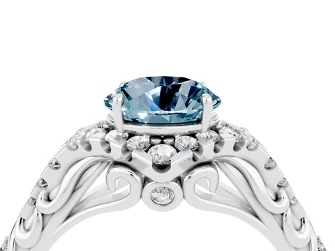 White gold Round Cut Aquamarine Solitaire Ring with Hidden Halo and Pavé Band_16