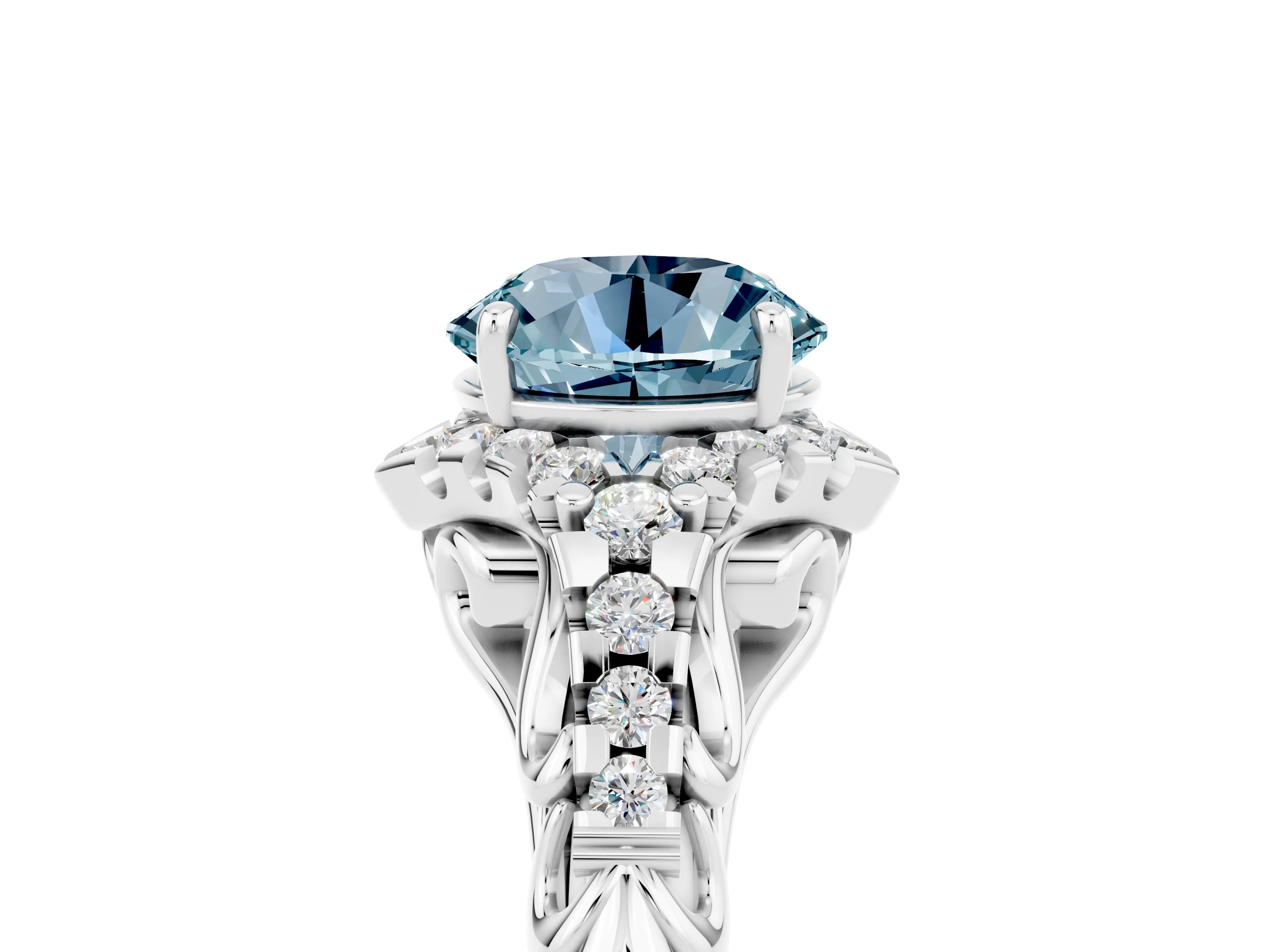 White gold Round Cut Aquamarine Solitaire Ring with Hidden Halo and Pavé Band_17