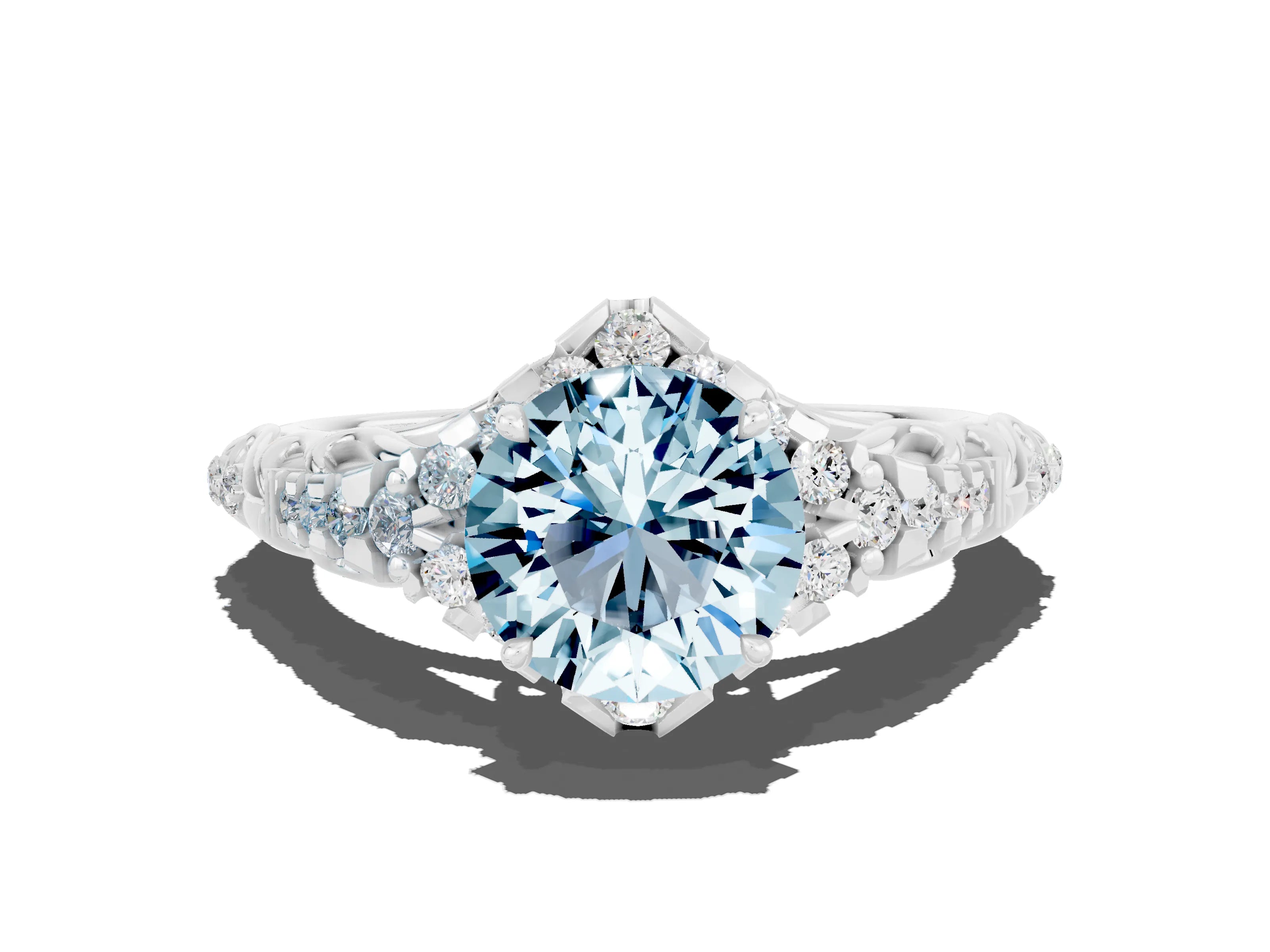 White gold Round Cut Aquamarine Solitaire Ring with Hidden Halo and Pavé Band_18