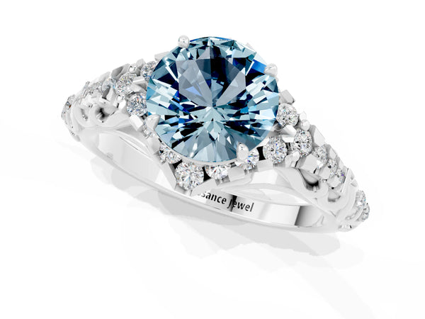 Silver Round Cut Aquamarine Solitaire Ring with Hidden Halo and Pavé Band