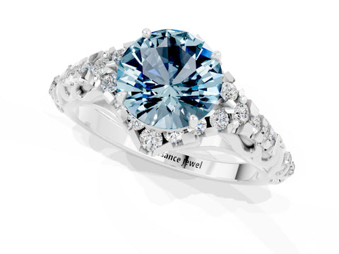White gold Round Cut Aquamarine Solitaire Ring with Hidden Halo and Pavé Band_19