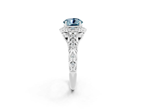 White gold Round Cut Aquamarine Solitaire Ring with Hidden Halo and Pavé Band
