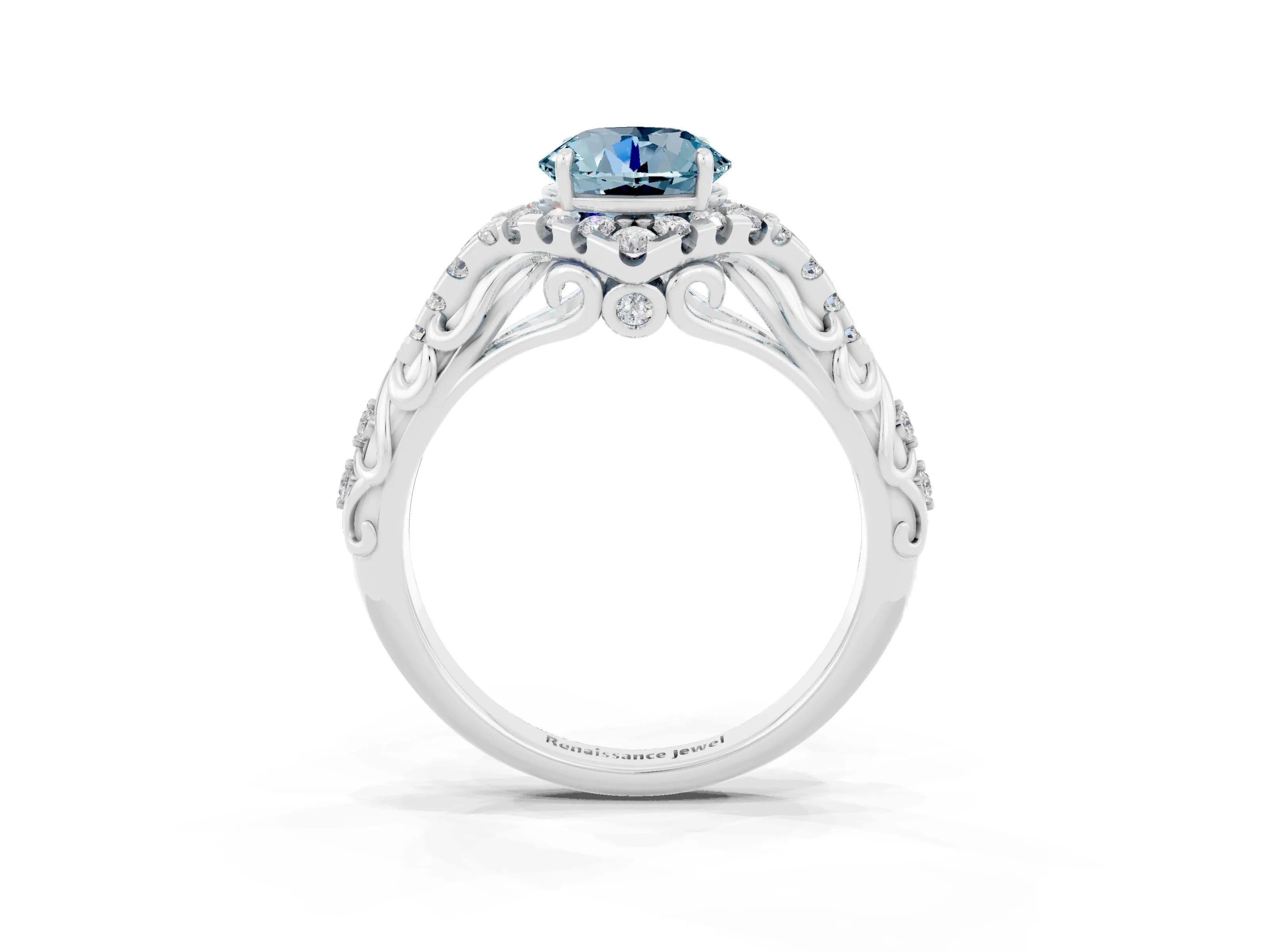 White gold Round Cut Aquamarine Solitaire Ring with Hidden Halo and Pavé Band_21