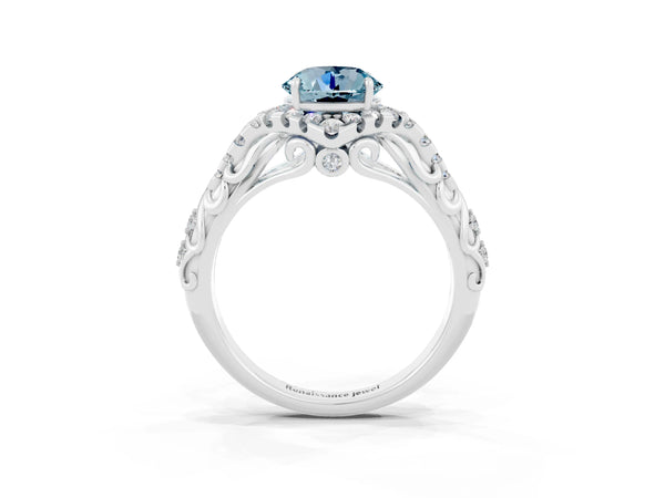 Silver Round Cut Aquamarine Solitaire Ring with Hidden Halo and Pavé Band