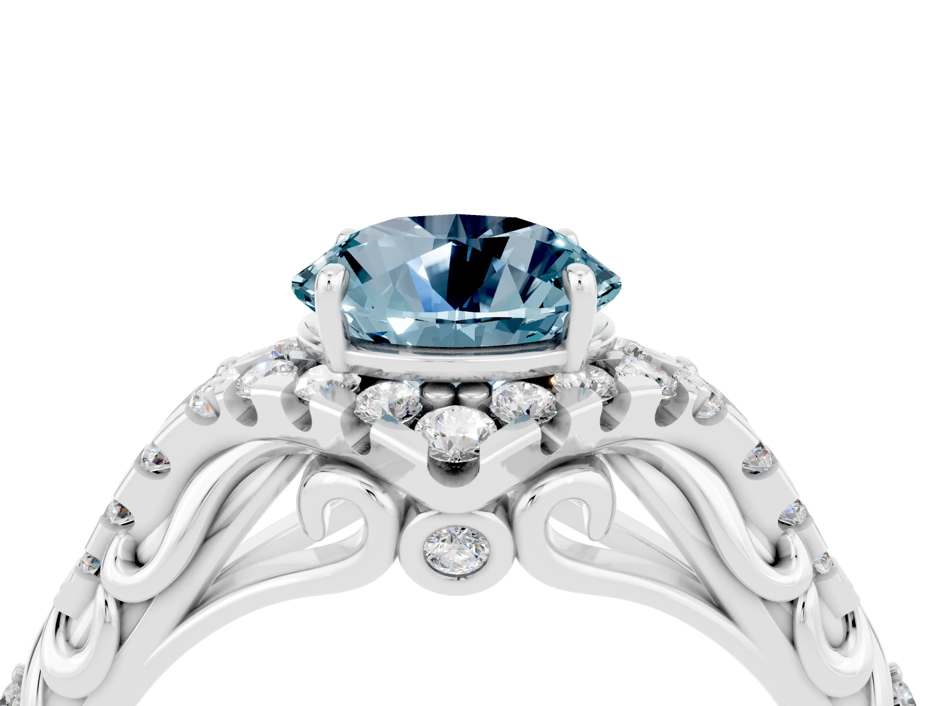 White gold Round Cut Aquamarine Solitaire Ring with Hidden Halo and Pavé Band_22