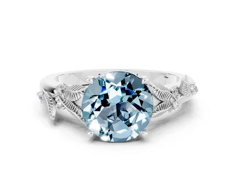 White gold Round Cut Aquamarine Solitaire Ring with Leaf Motif Band and Four-Prong Setting_12