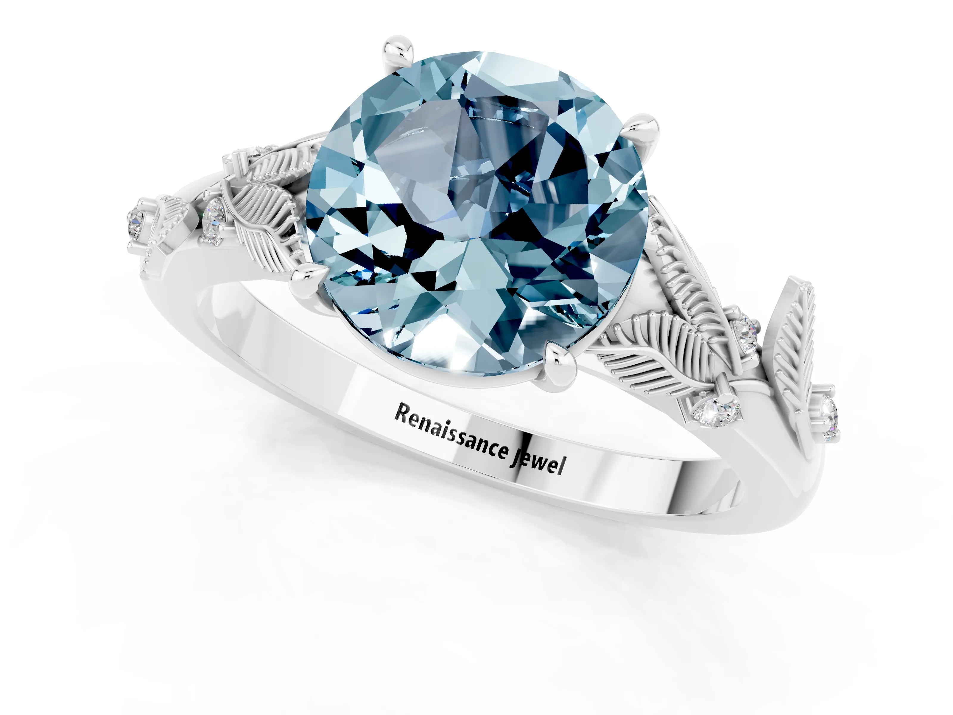 White gold Round Cut Aquamarine Solitaire Ring with Leaf Motif Band and Four-Prong Setting_13