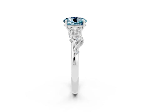 White gold Round Cut Aquamarine Solitaire Ring with Leaf Motif Band and Four-Prong Setting_14