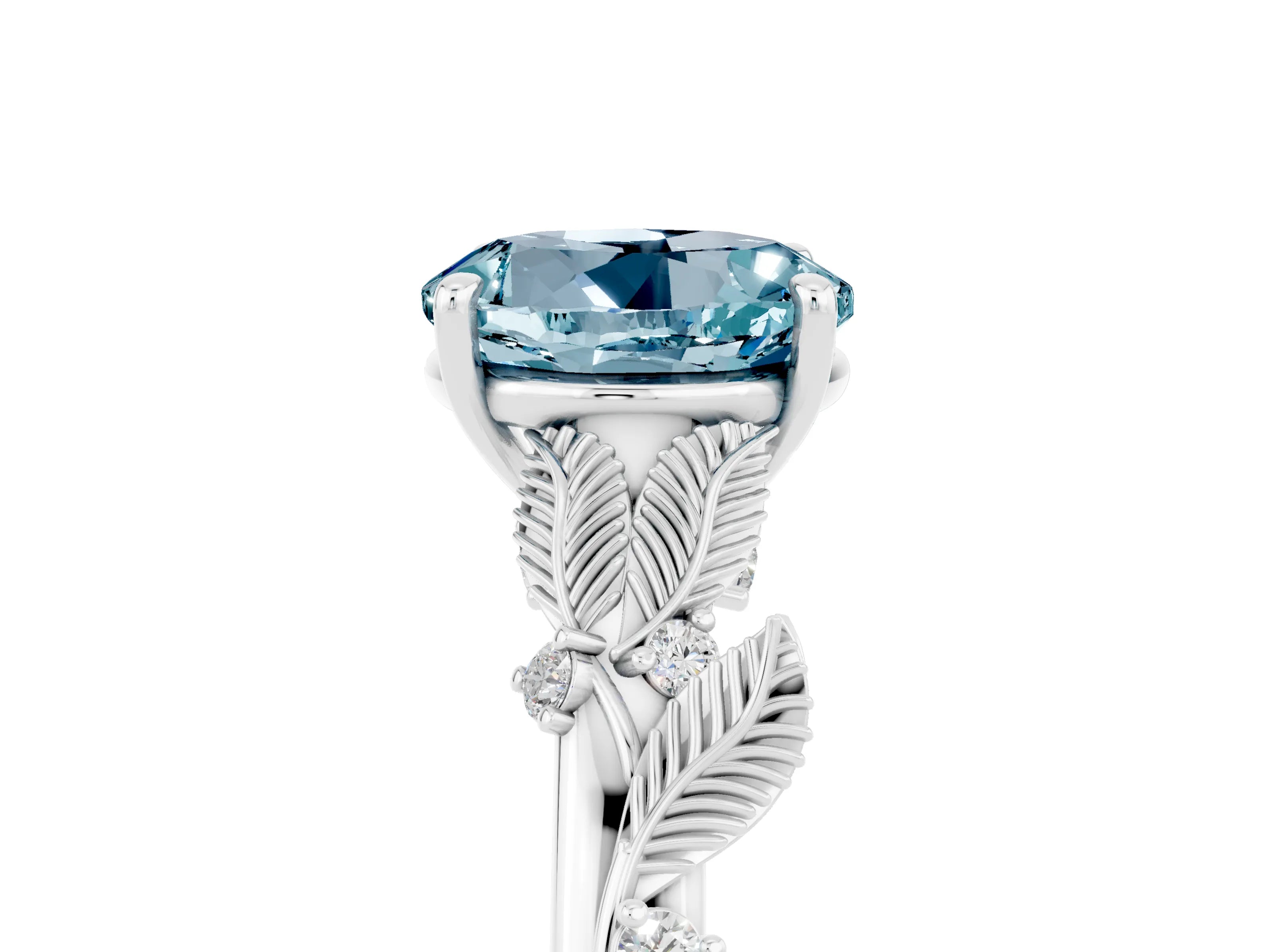 White gold Round Cut Aquamarine Solitaire Ring with Leaf Motif Band and Four-Prong Setting_17