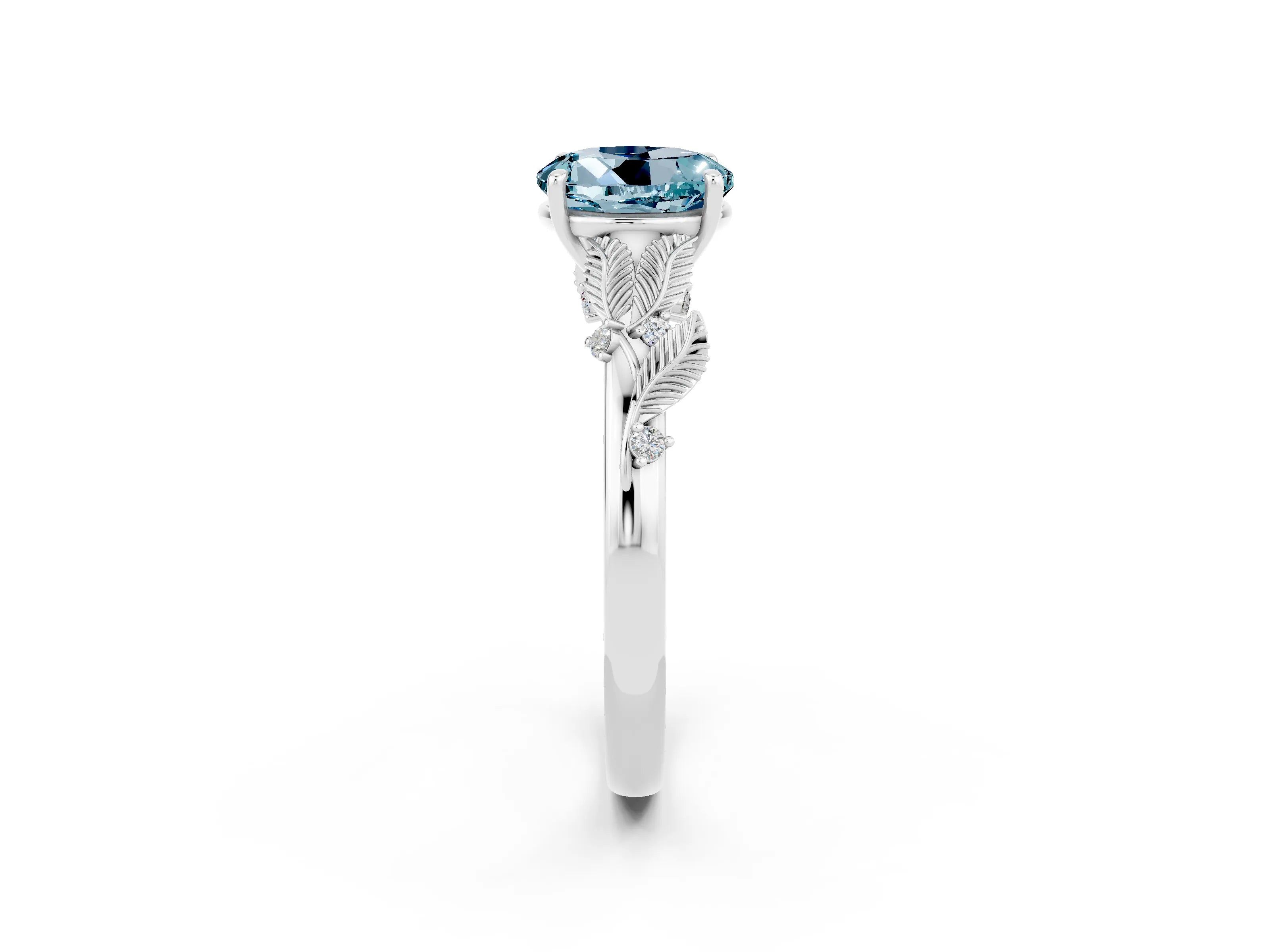 White gold Round Cut Aquamarine Solitaire Ring with Leaf Motif Band and Four-Prong Setting_2