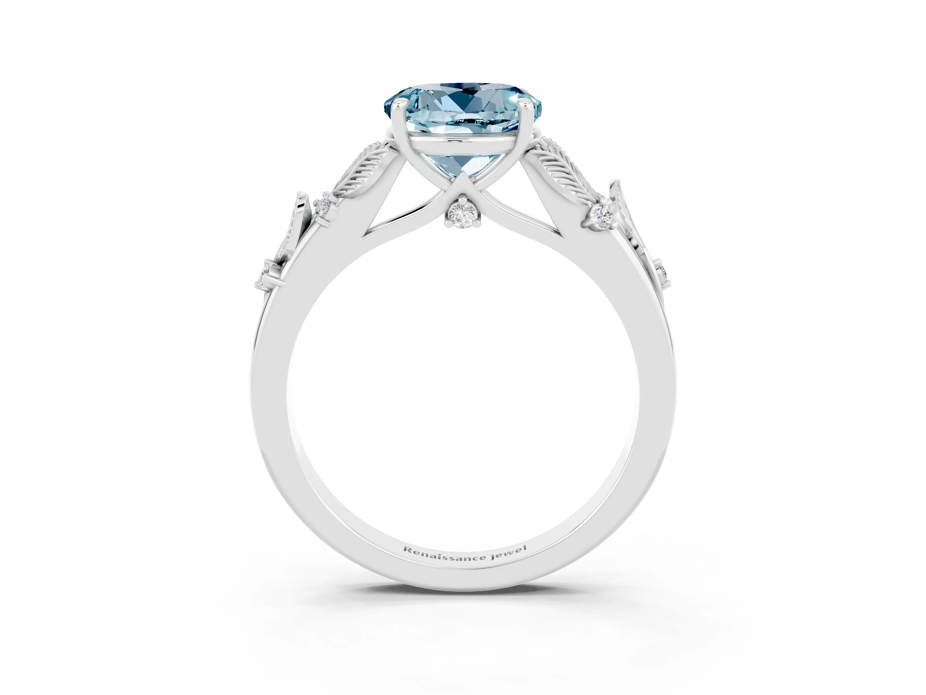 White gold Round Cut Aquamarine Solitaire Ring with Leaf Motif Band and Four-Prong Setting_3