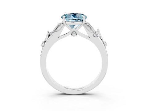 White gold Round Cut Aquamarine Solitaire Ring with Leaf Motif Band and Four-Prong Setting_3