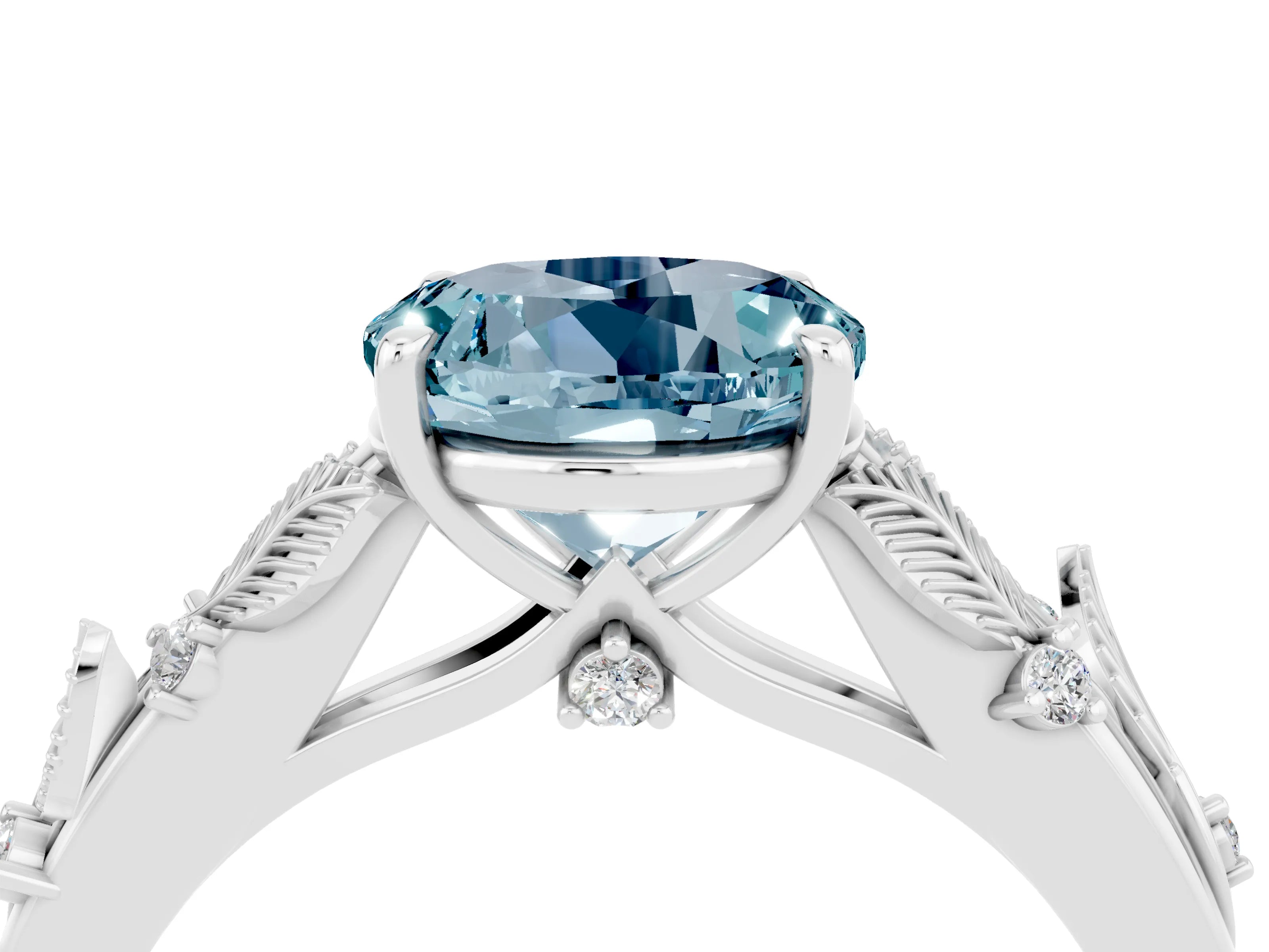 White gold Round Cut Aquamarine Solitaire Ring with Leaf Motif Band and Four-Prong Setting_4