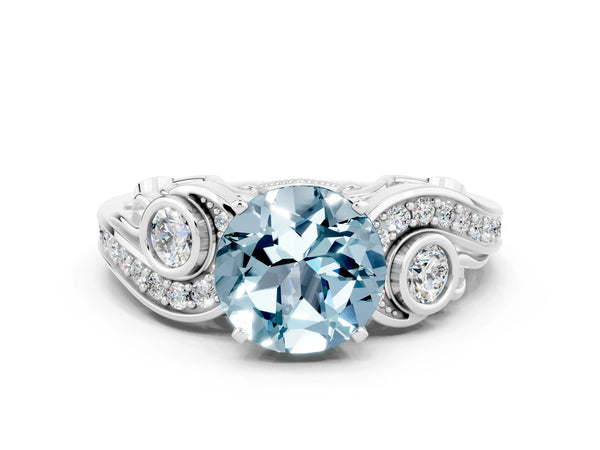 Silver Round Cut Aquamarine Solitaire Ring with Milgrain Pavé Band and Four-Prong Setting