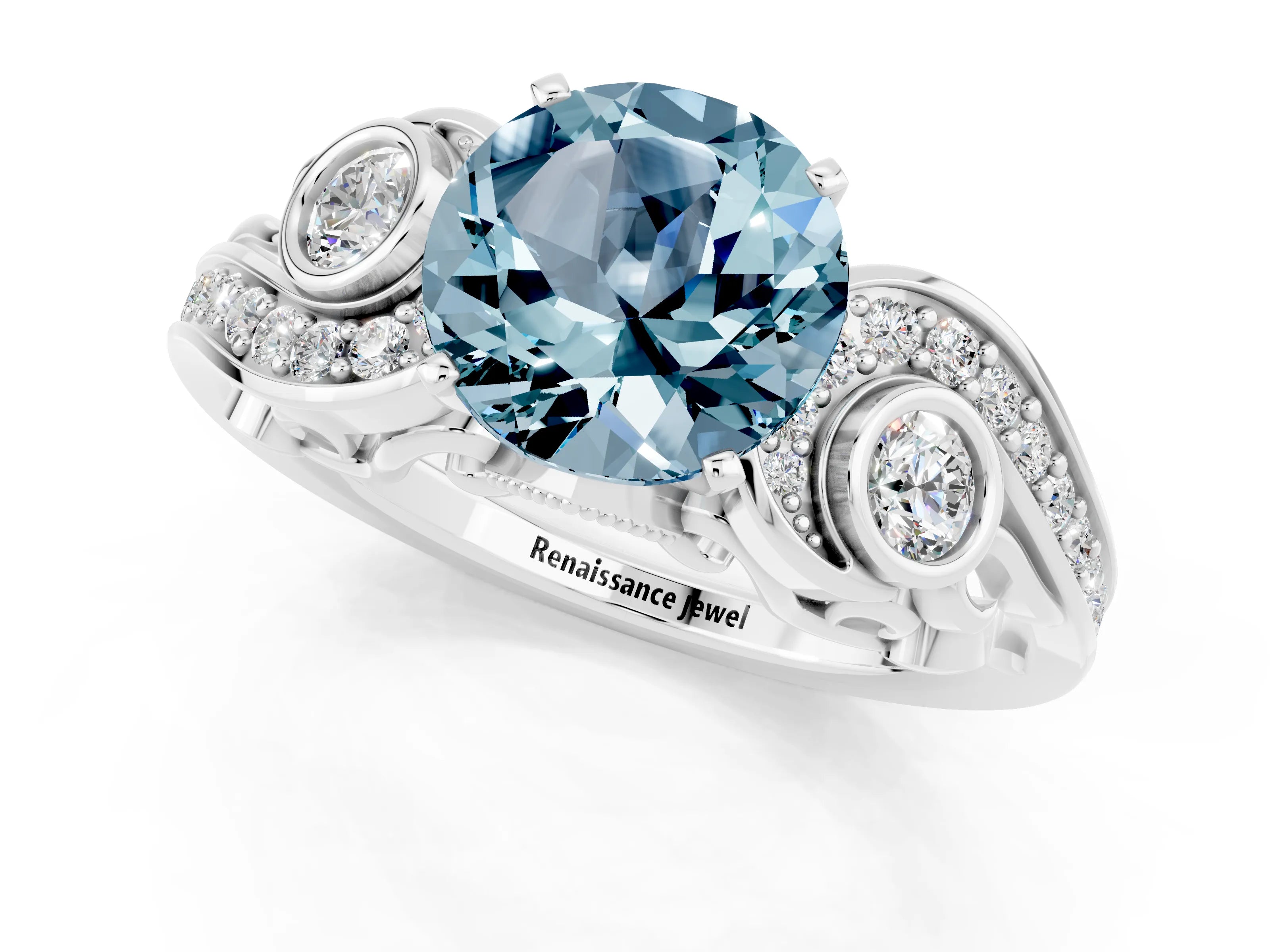 White gold Round Cut Aquamarine Solitaire Ring with Milgrain Pavé Band and Four-Prong Setting_13