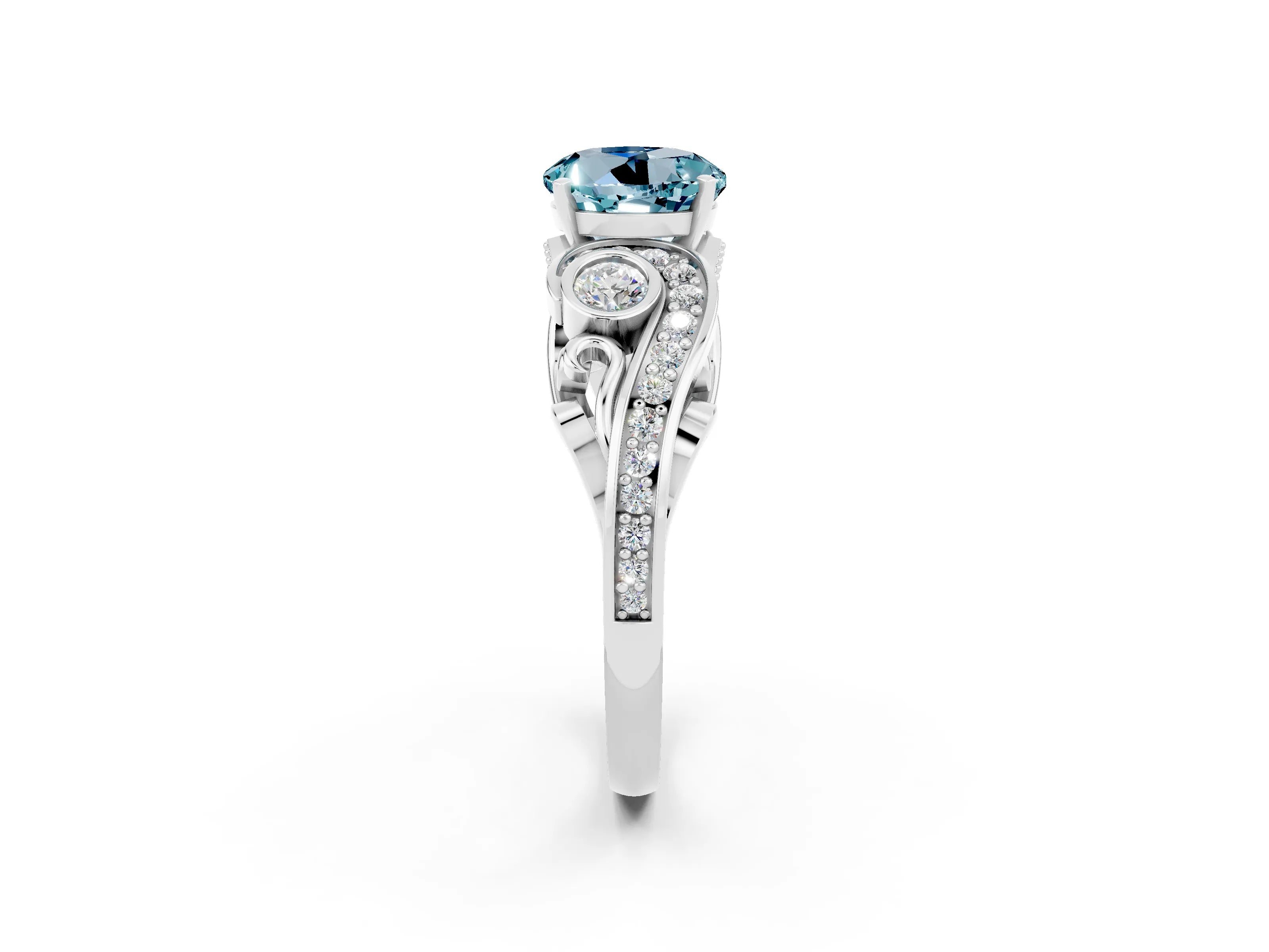 White gold Round Cut Aquamarine Solitaire Ring with Milgrain Pavé Band and Four-Prong Setting_14