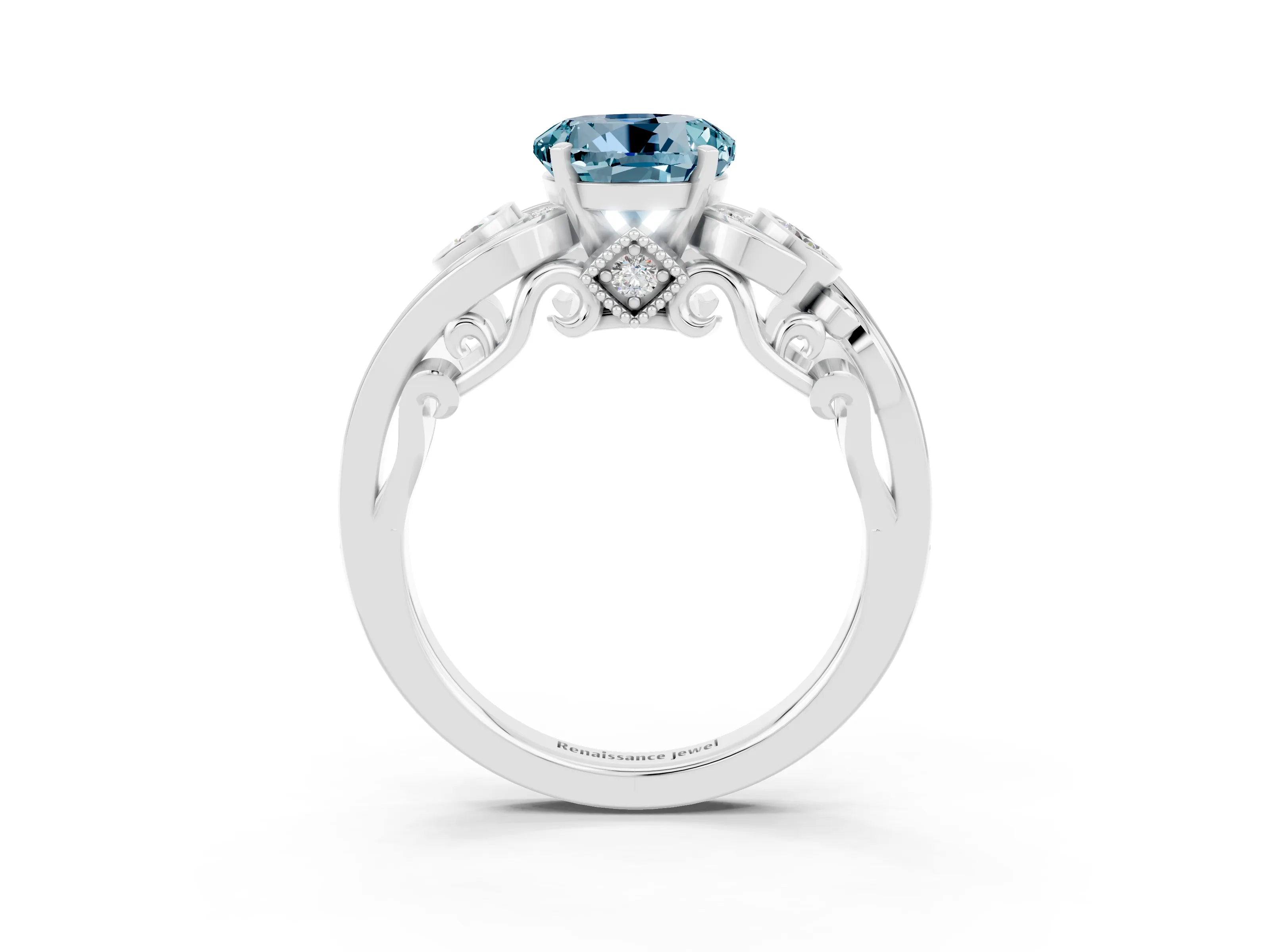 White gold Round Cut Aquamarine Solitaire Ring with Milgrain Pavé Band and Four-Prong Setting_15