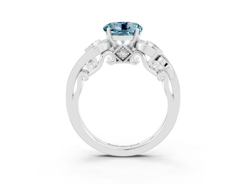 White gold Round Cut Aquamarine Solitaire Ring with Milgrain Pavé Band and Four-Prong Setting_15