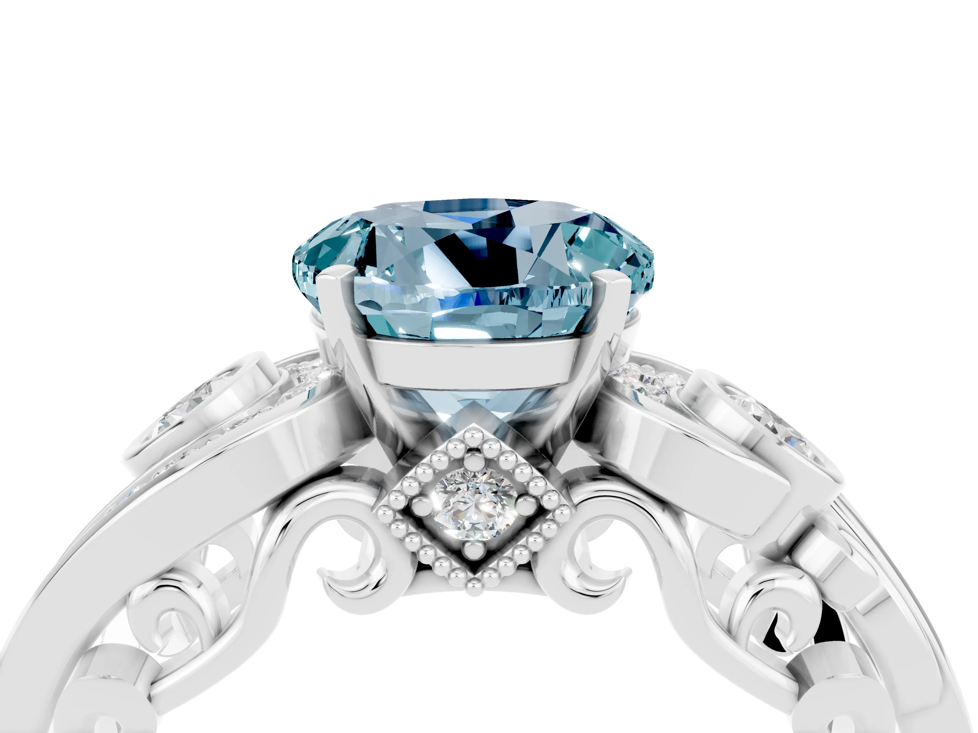 White gold Round Cut Aquamarine Solitaire Ring with Milgrain Pavé Band and Four-Prong Setting_16