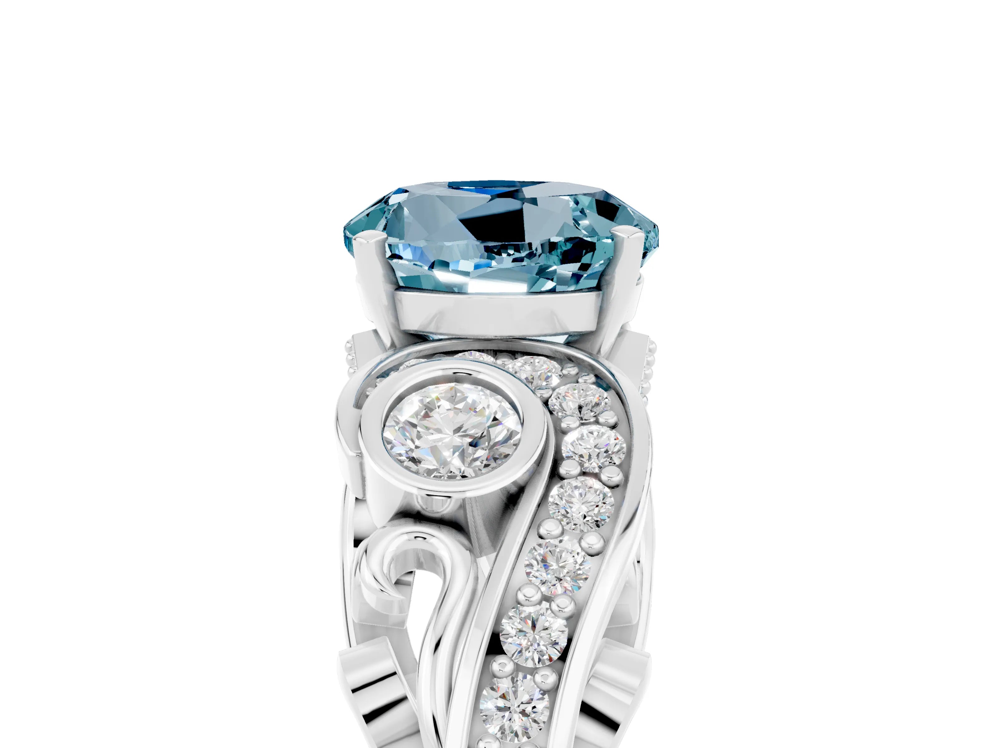 White gold Round Cut Aquamarine Solitaire Ring with Milgrain Pavé Band and Four-Prong Setting_17