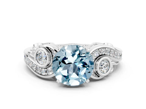 White gold Round Cut Aquamarine Solitaire Ring with Milgrain Pavé Band and Four-Prong Setting_48