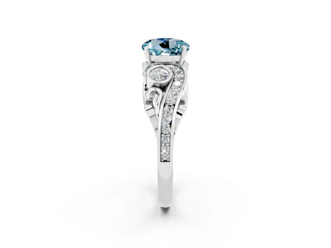 White gold Round Cut Aquamarine Solitaire Ring with Milgrain Pavé Band and Four-Prong Setting_50