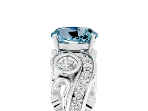 White gold Round Cut Aquamarine Solitaire Ring with Milgrain Pavé Band and Four-Prong Setting_53