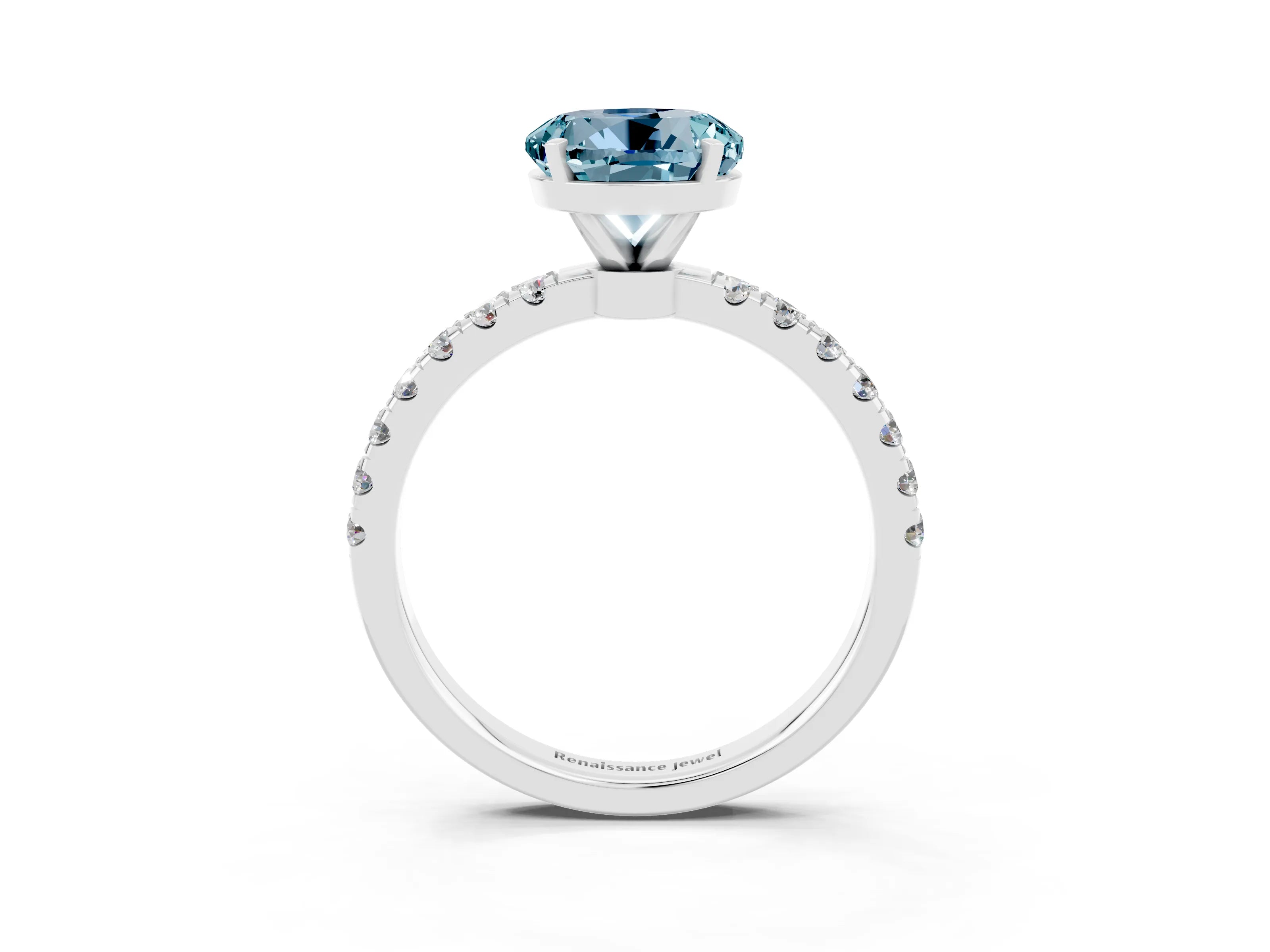 White gold Round Cut Aquamarine Solitaire Ring with Pavé Accents and Four-Prong Setting_3