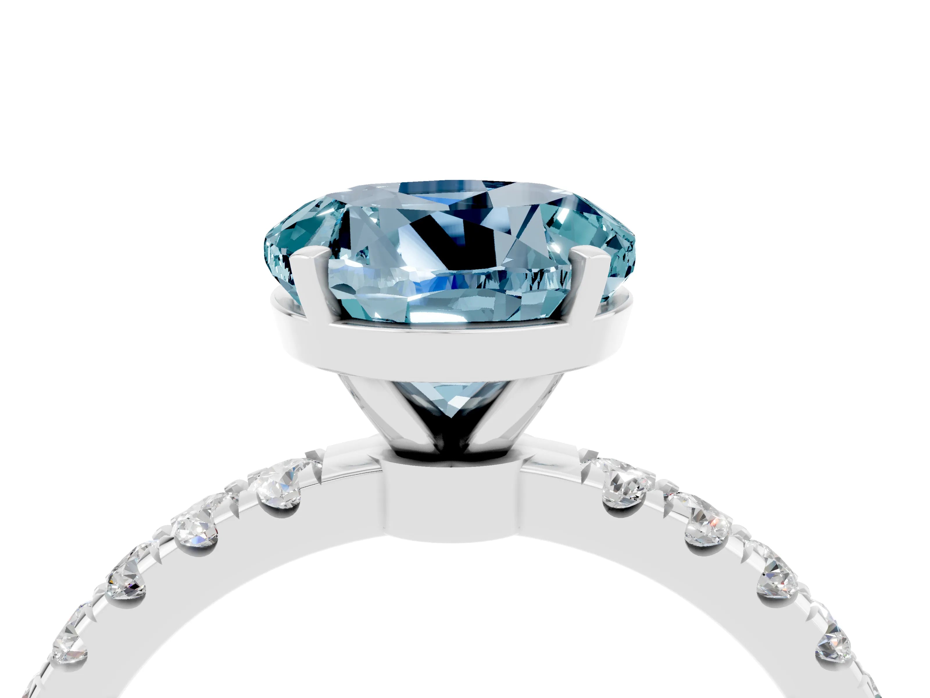 White gold Round Cut Aquamarine Solitaire Ring with Pavé Accents and Four-Prong Setting_4