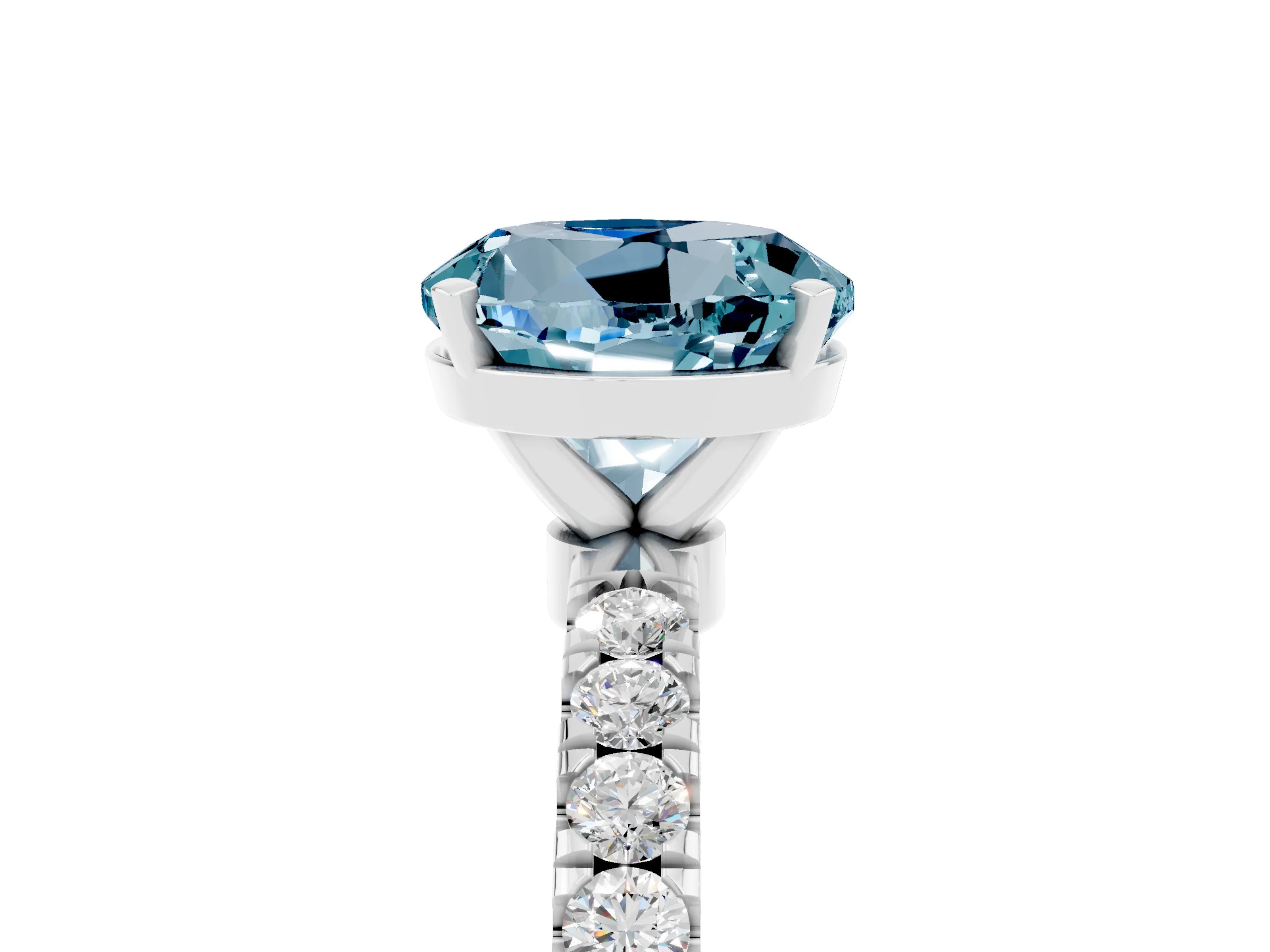 White gold Round Cut Aquamarine Solitaire Ring with Pavé Accents and Four-Prong Setting_5