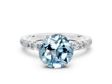White gold Round Cut Aquamarine Solitaire Ring with Pavé Accents and Four-Prong Setting