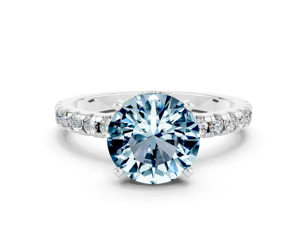 Silver Round Cut Aquamarine Solitaire Ring with Round  Pavé Band and Four-Prong Setting
