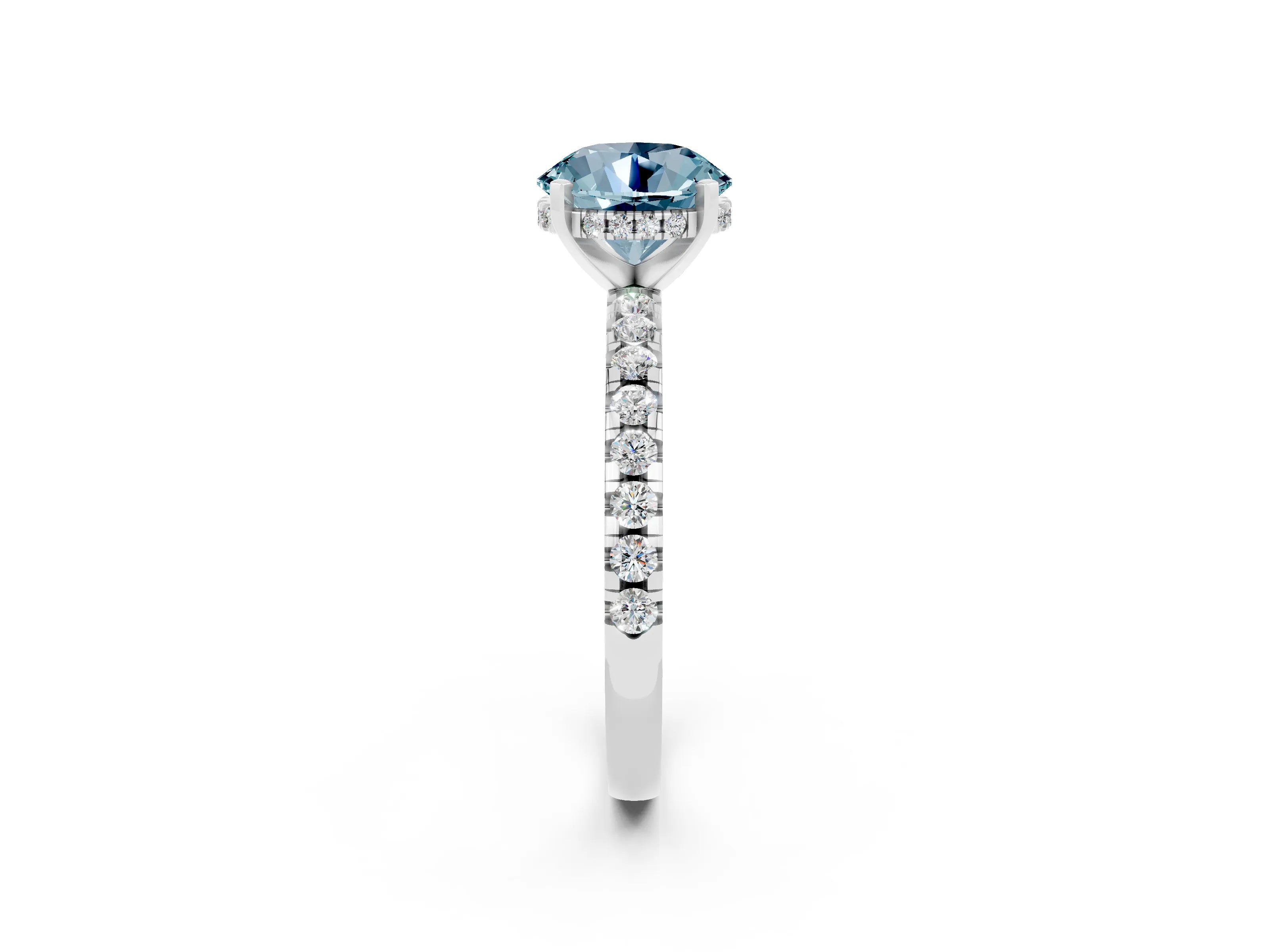 White gold Round Cut Aquamarine Solitaire Ring with Pavé Band and Four-Prong Setting_26