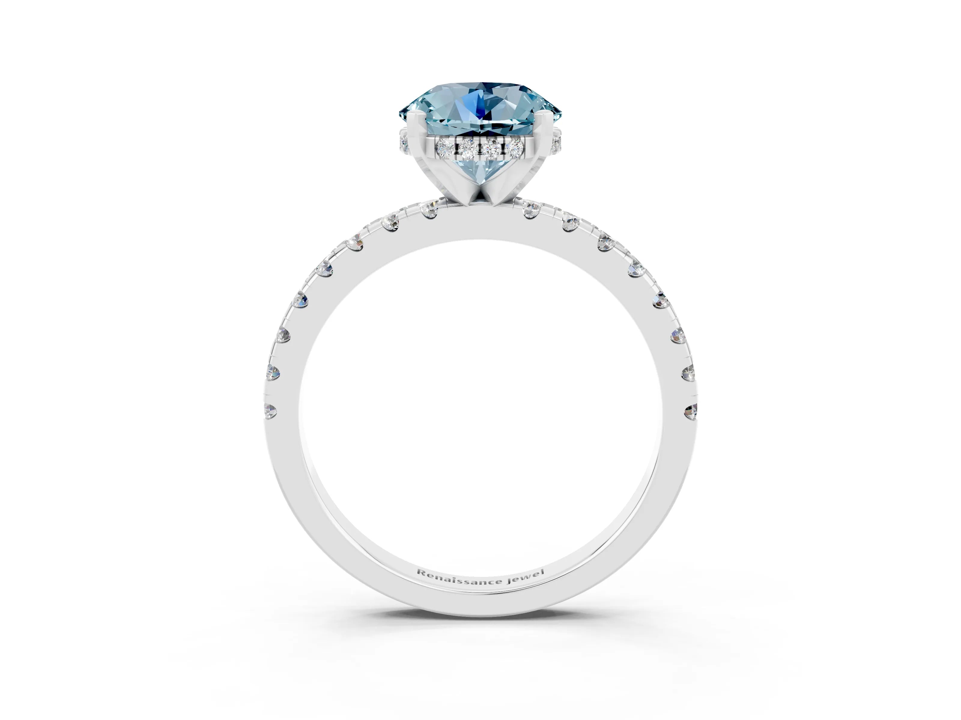 White gold Round Cut Aquamarine Solitaire Ring with Pavé Band and Four-Prong Setting_27