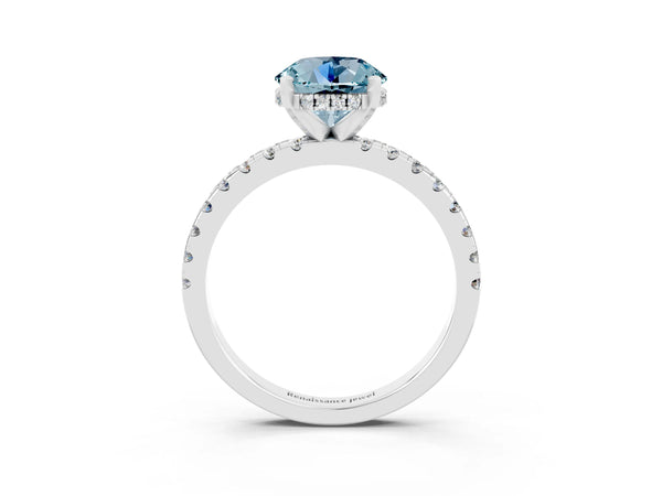 White gold Round Cut Aquamarine Solitaire Ring with Round  Pavé Band and Four-Prong Setting