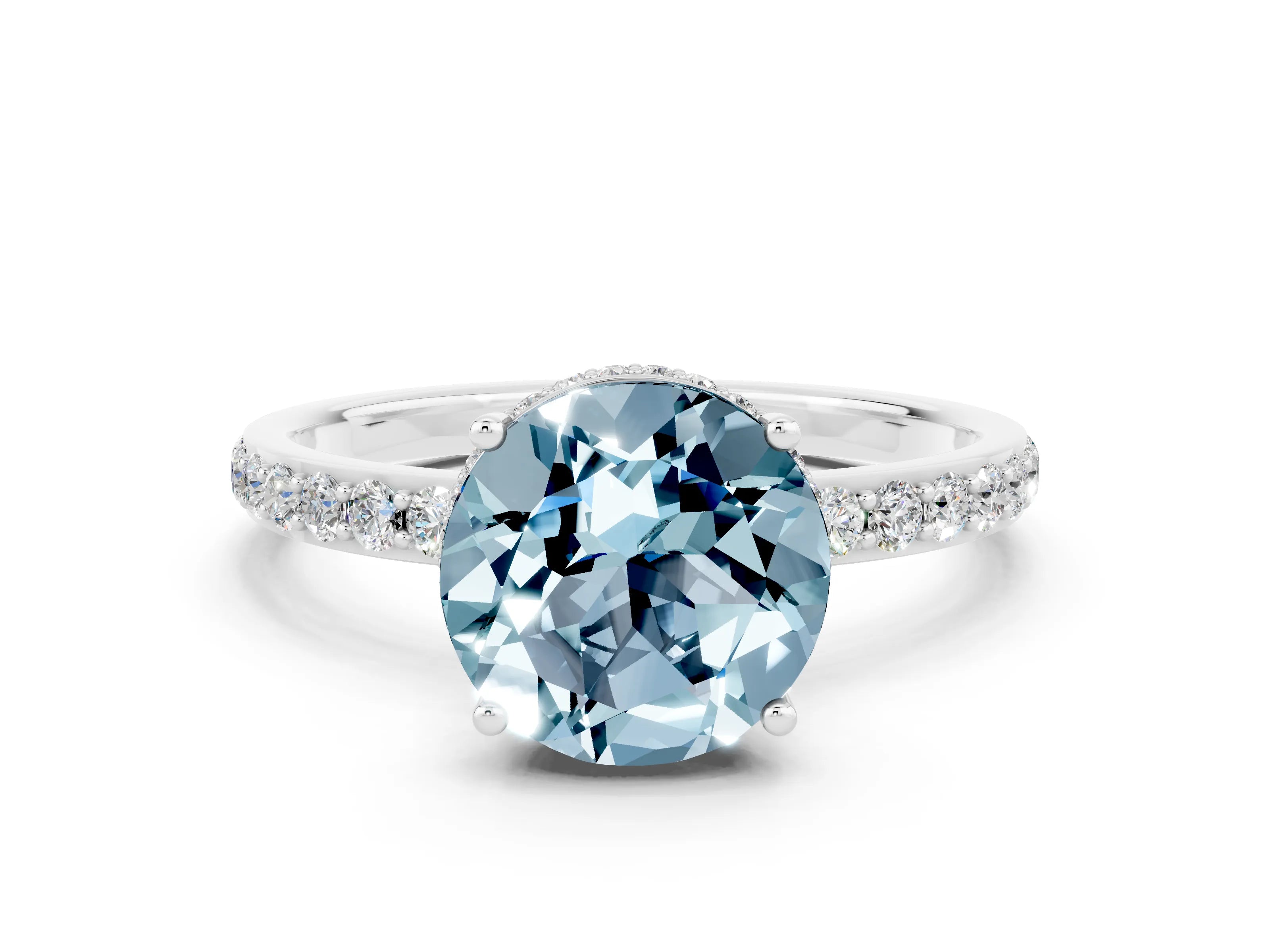 White gold Round Cut Aquamarine Solitaire Ring with Pavé Band and Hidden Halo