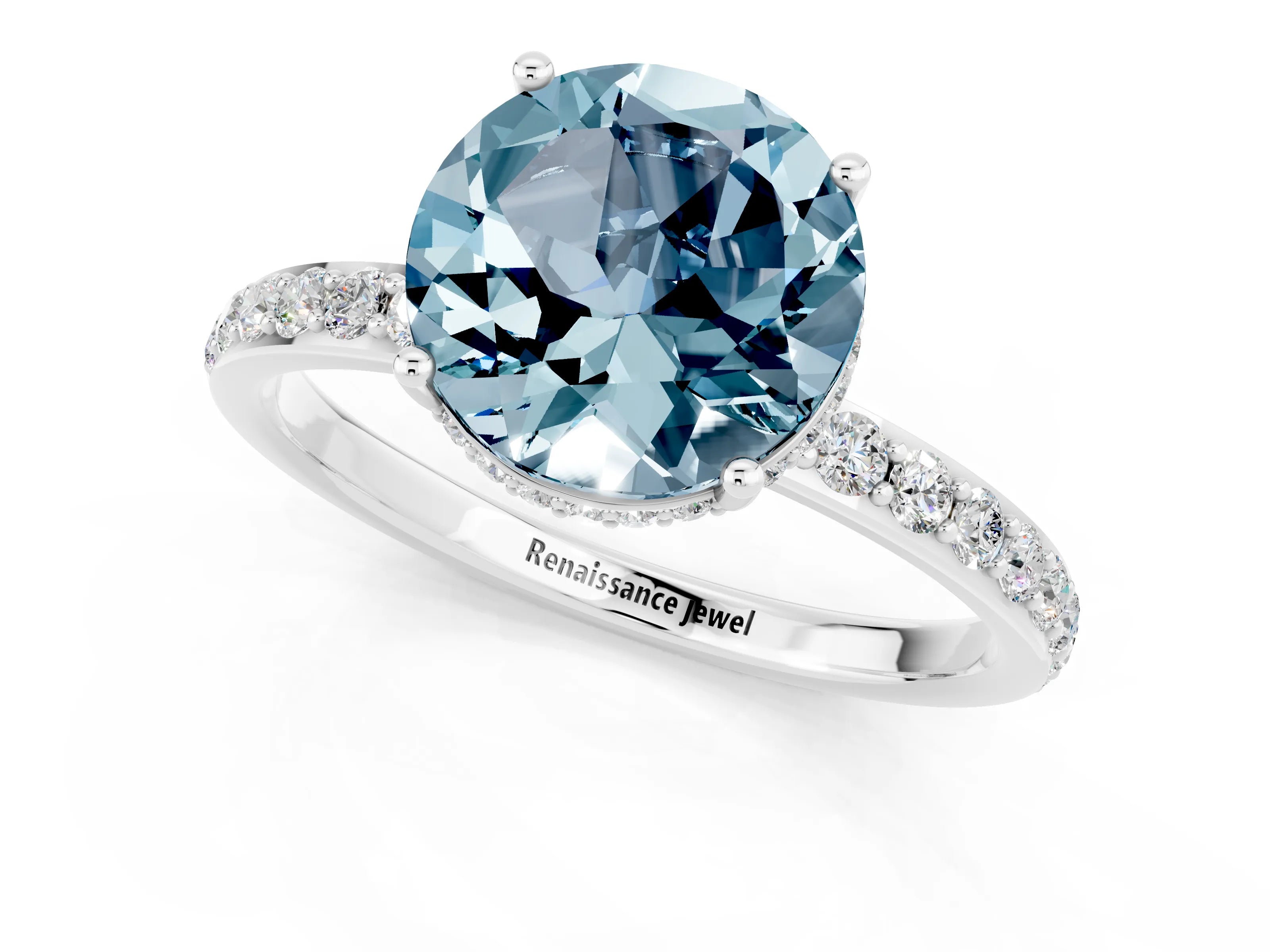 White gold Round Cut Aquamarine Solitaire Ring with Pavé Band and Hidden Halo_1