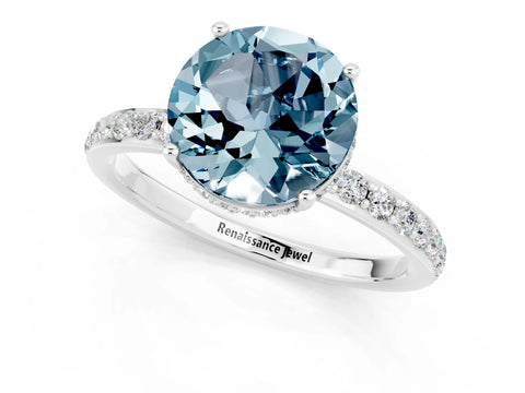White gold Round Cut Aquamarine Solitaire Ring with Pavé Band and Hidden Halo_1
