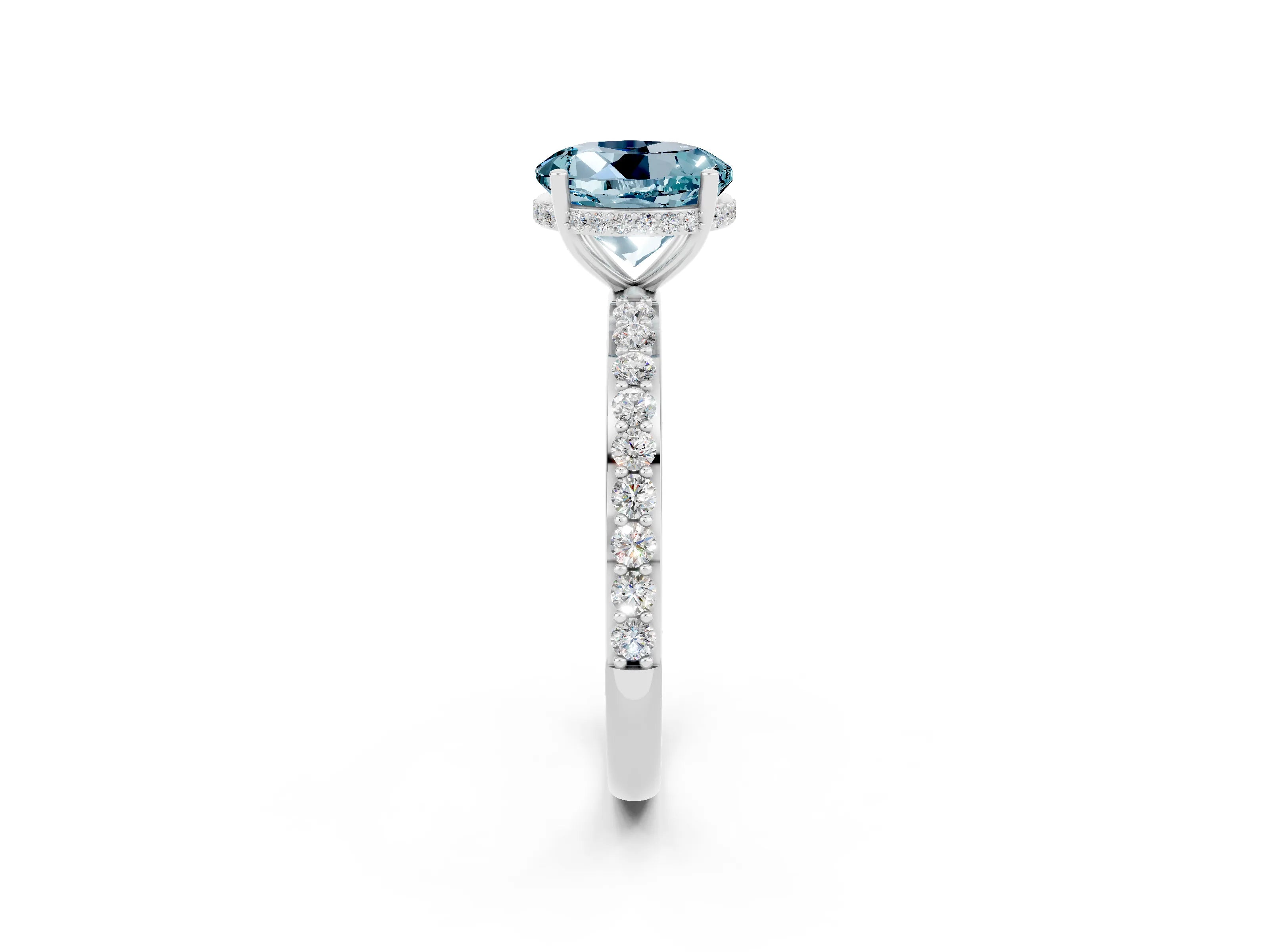 White gold Round Cut Aquamarine Solitaire Ring with Pavé Band and Hidden Halo_26