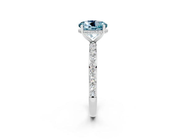 Silver Round Cut Aquamarine Solitaire Ring with Pavé Band and Hidden Halo