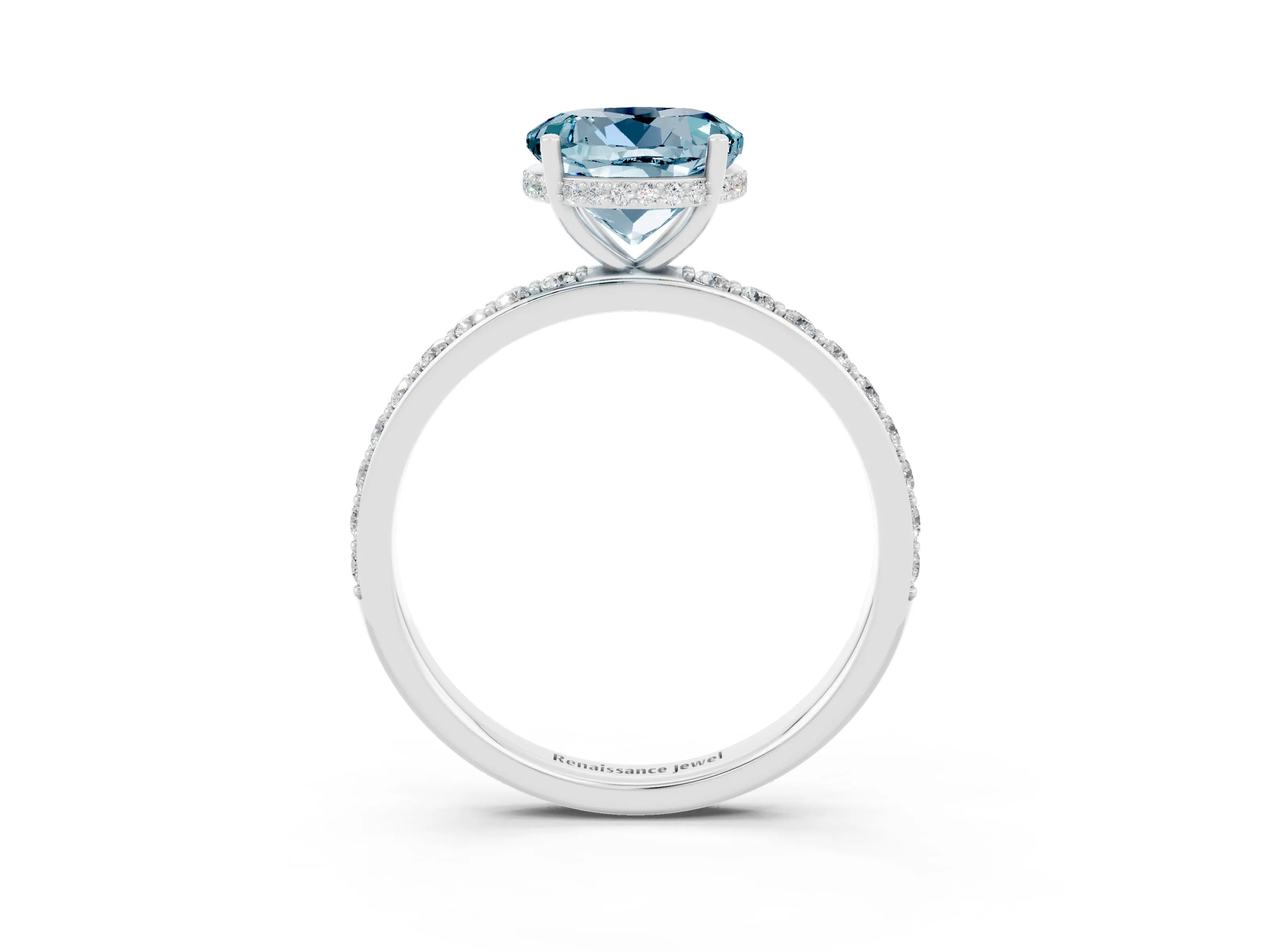 White gold Round Cut Aquamarine Solitaire Ring with Pavé Band and Hidden Halo_3