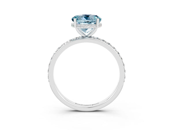 Silver Round Cut Aquamarine Solitaire Ring with Pavé Band and Hidden Halo