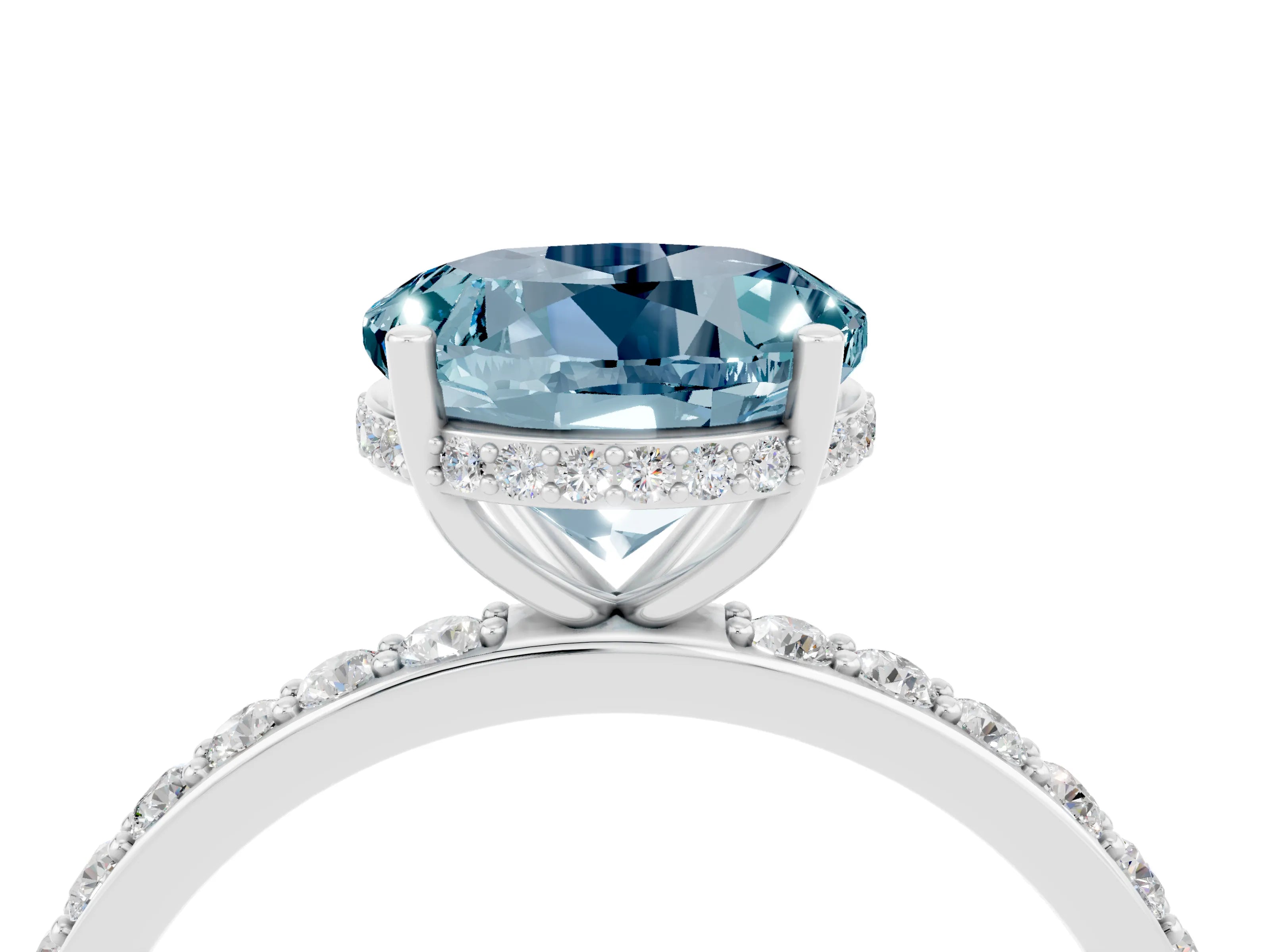 White gold Round Cut Aquamarine Solitaire Ring with Pavé Band and Hidden Halo_4