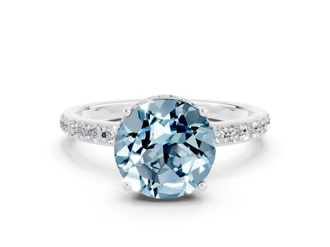 White gold Round Cut Aquamarine Solitaire Ring with Pavé Band and Hidden Halo