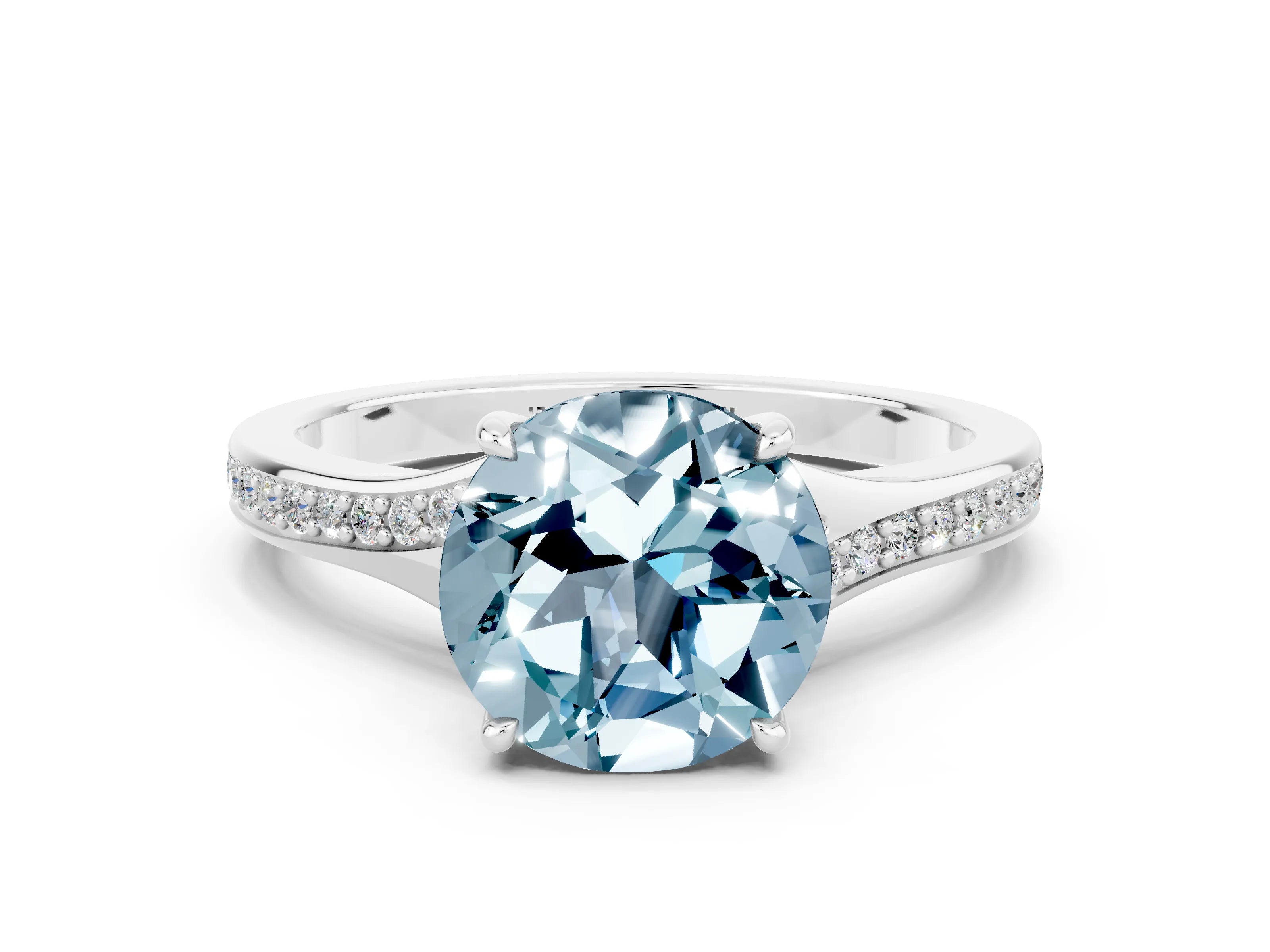 White gold Round Cut Aquamarine Solitaire Ring with Pavé Band and Prong Setting_12