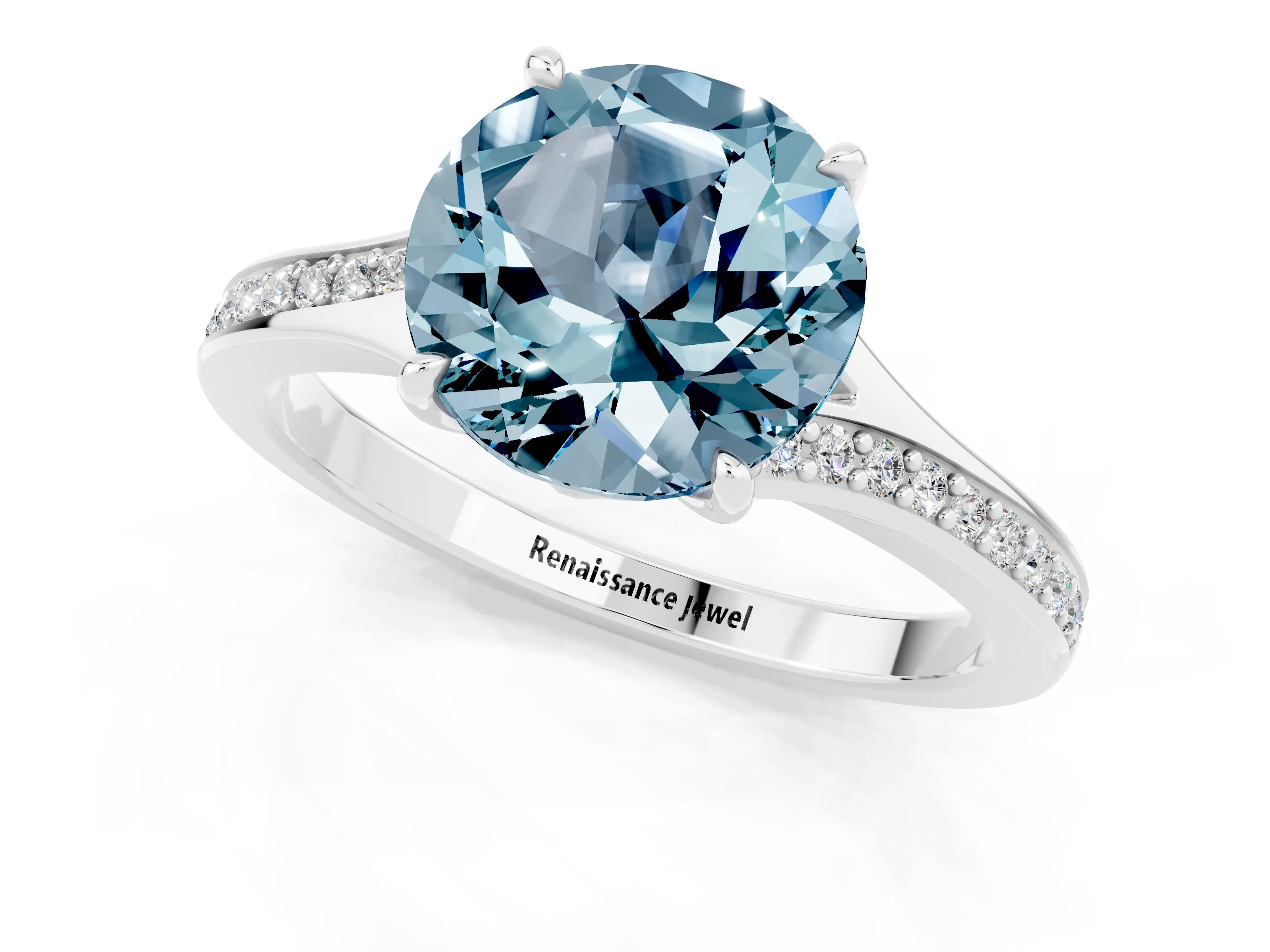 White gold Round Cut Aquamarine Solitaire Ring with Pavé Band and Prong Setting_13