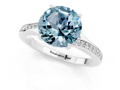 White gold Round Cut Aquamarine Solitaire Ring with Pavé Band and Prong Setting_13