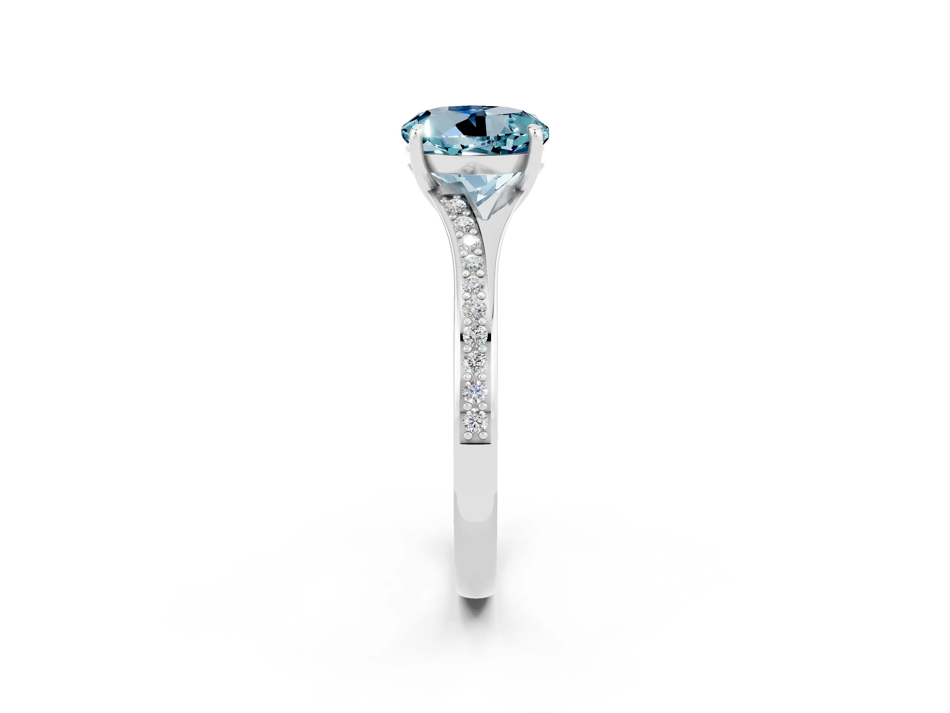 White gold Round Cut Aquamarine Solitaire Ring with Pavé Band and Prong Setting_14