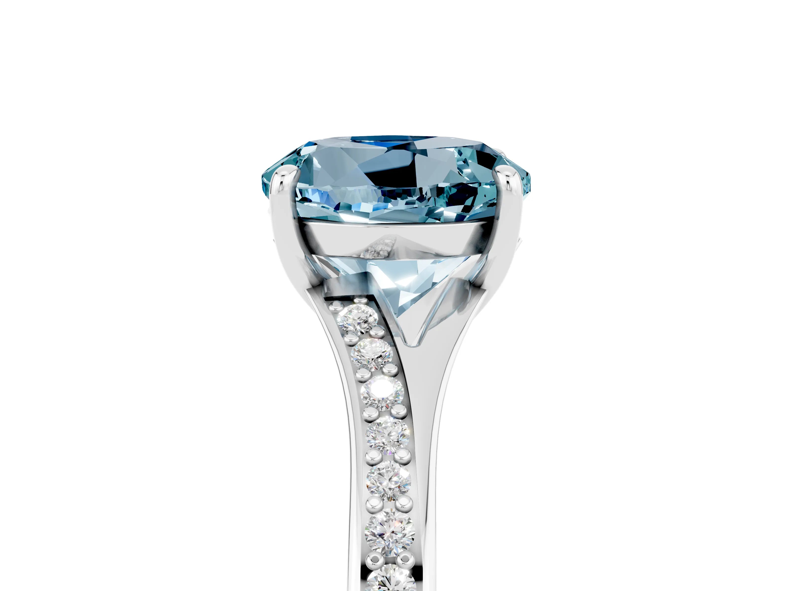 White gold Round Cut Aquamarine Solitaire Ring with Pavé Band and Prong Setting_17